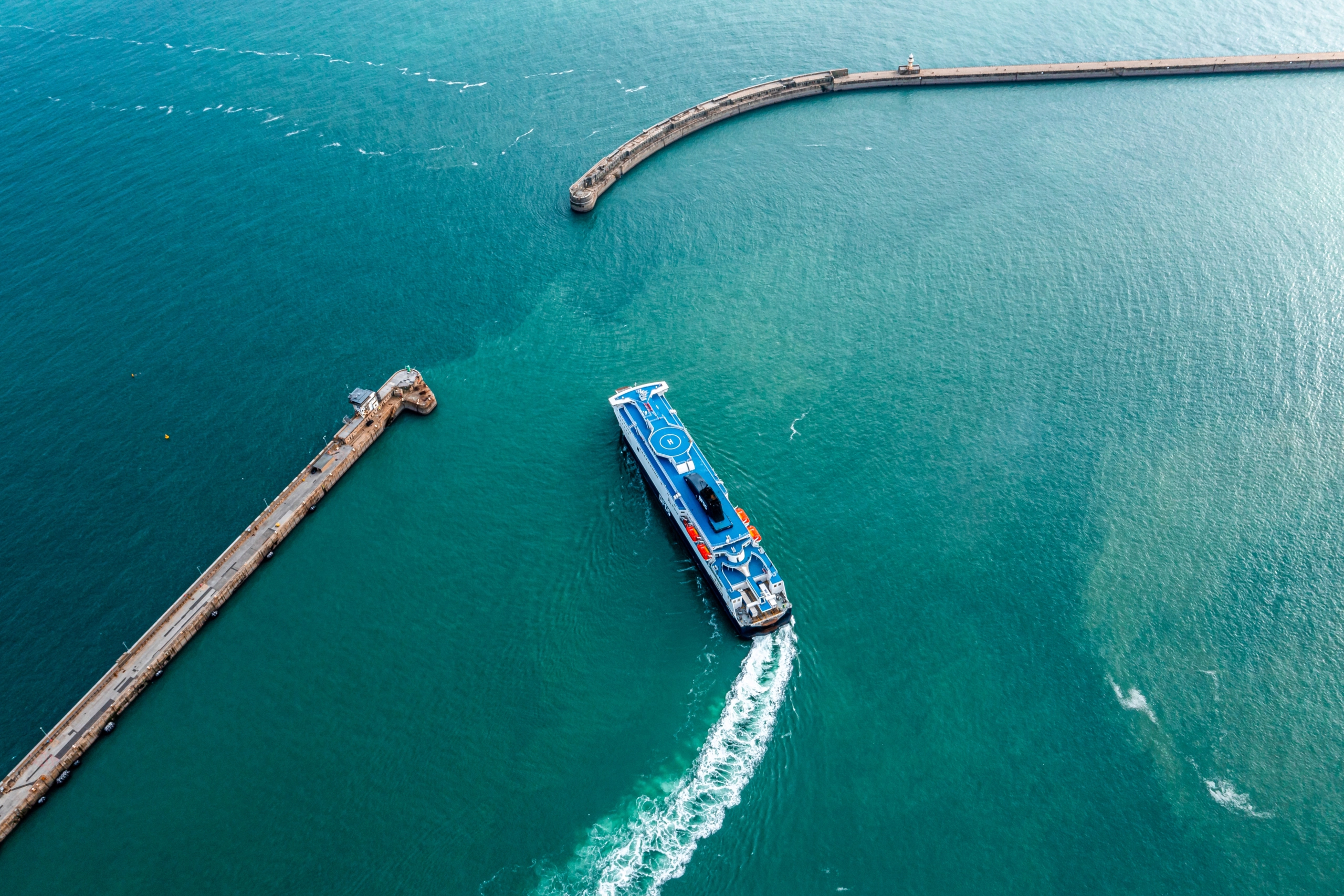 Aerial view of the Dover harbor with many ferries