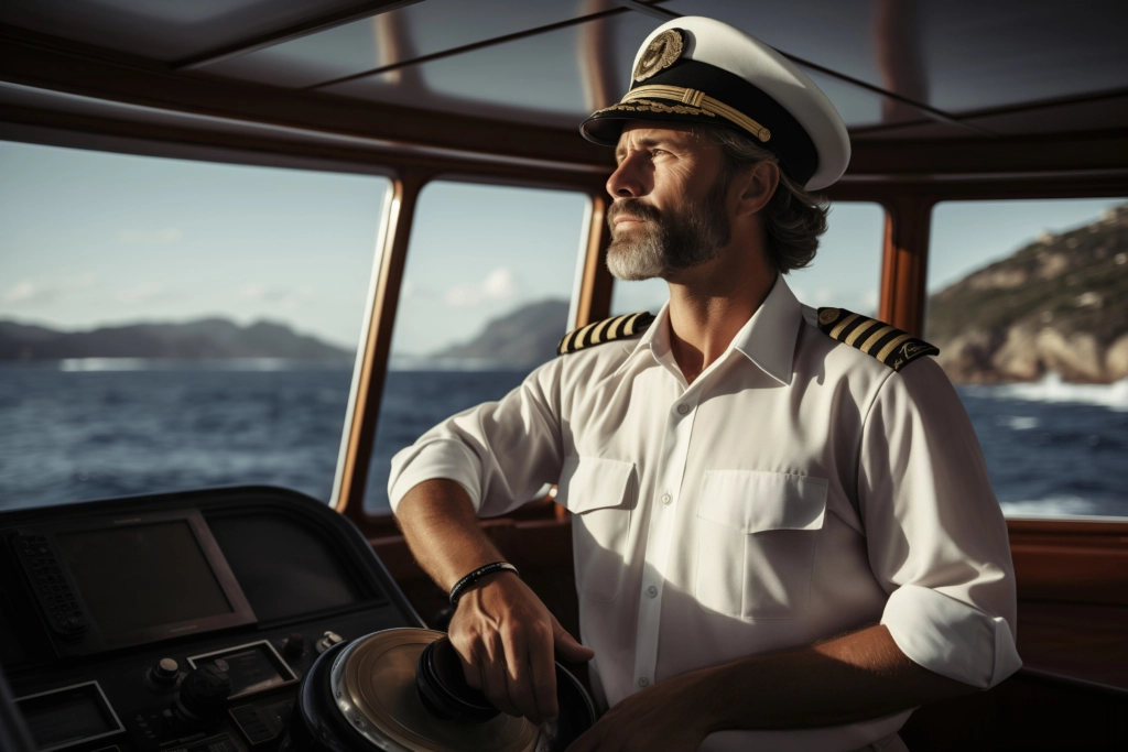 The confident captain on the bridge of the ship scanned the calm sea