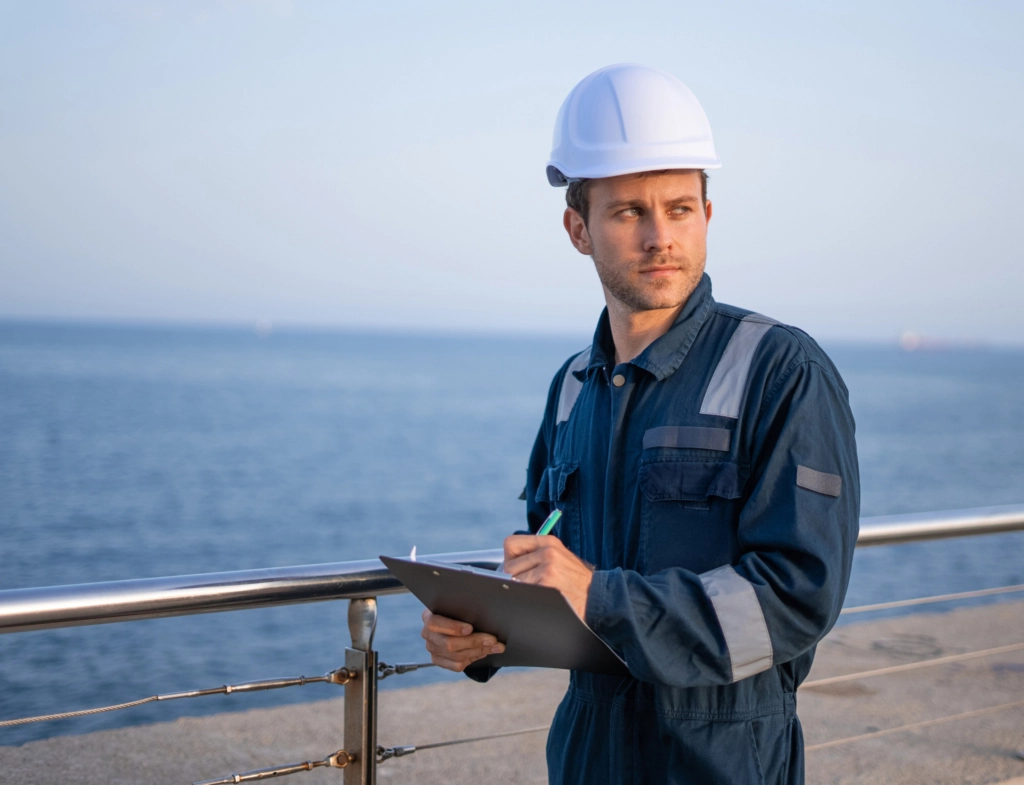 Male engineer with clipboard on pier