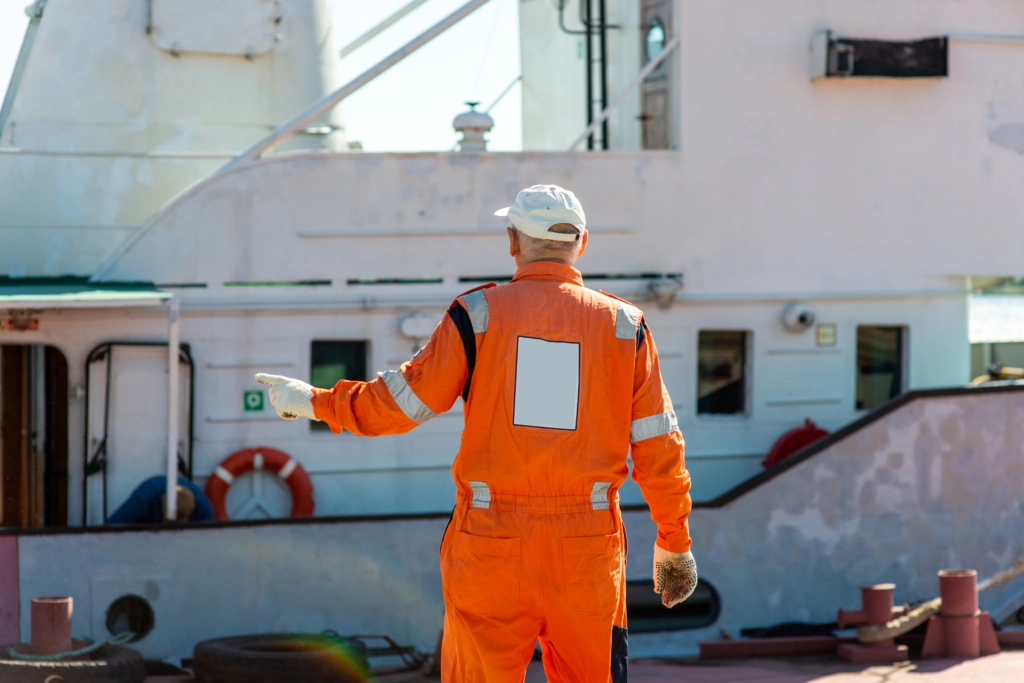 A sailor in overalls gives instructions when mooring a ship in the port