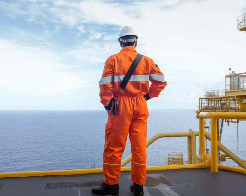 An offshore oil rig worker, Generative AI, stands on an offshore