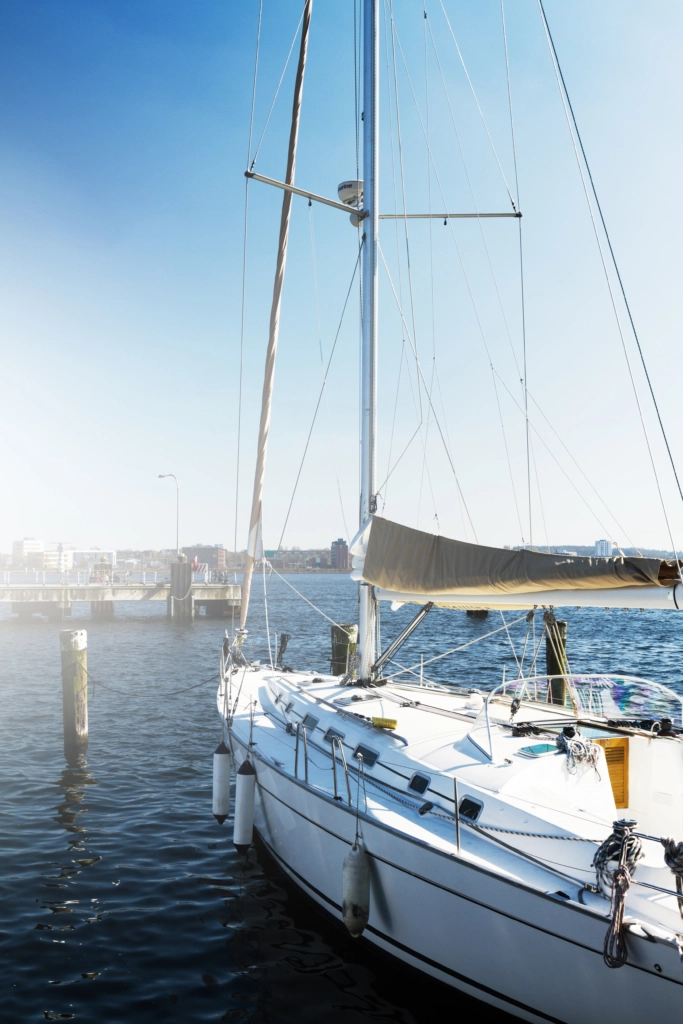 View of Beautiful White Yacht. Daylight.  Sea Background.