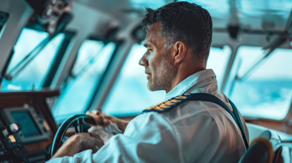 A captain of a cargo ship intently navigates the open waters, his experienced gaze fixed on the horizon. The image captures the quiet determination of a skilled mariner at the helm