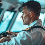 A captain of a cargo ship intently navigates the open waters, his experienced gaze fixed on the horizon. The image captures the quiet determination of a skilled mariner at the helm